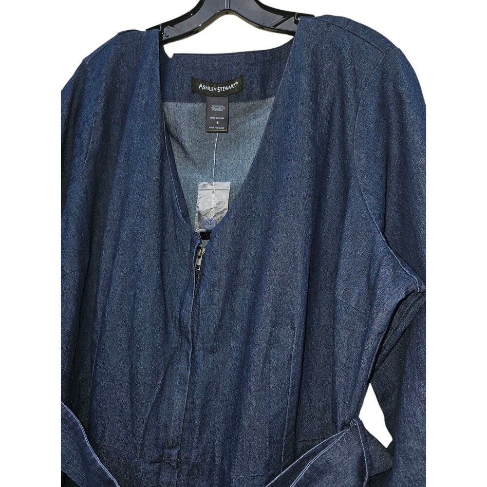 Ashley Stewart Woman Plus 18 Denim Jogger Jumpsuit Blue Dark Wash Belt Full Zip - Picture 12 of 15